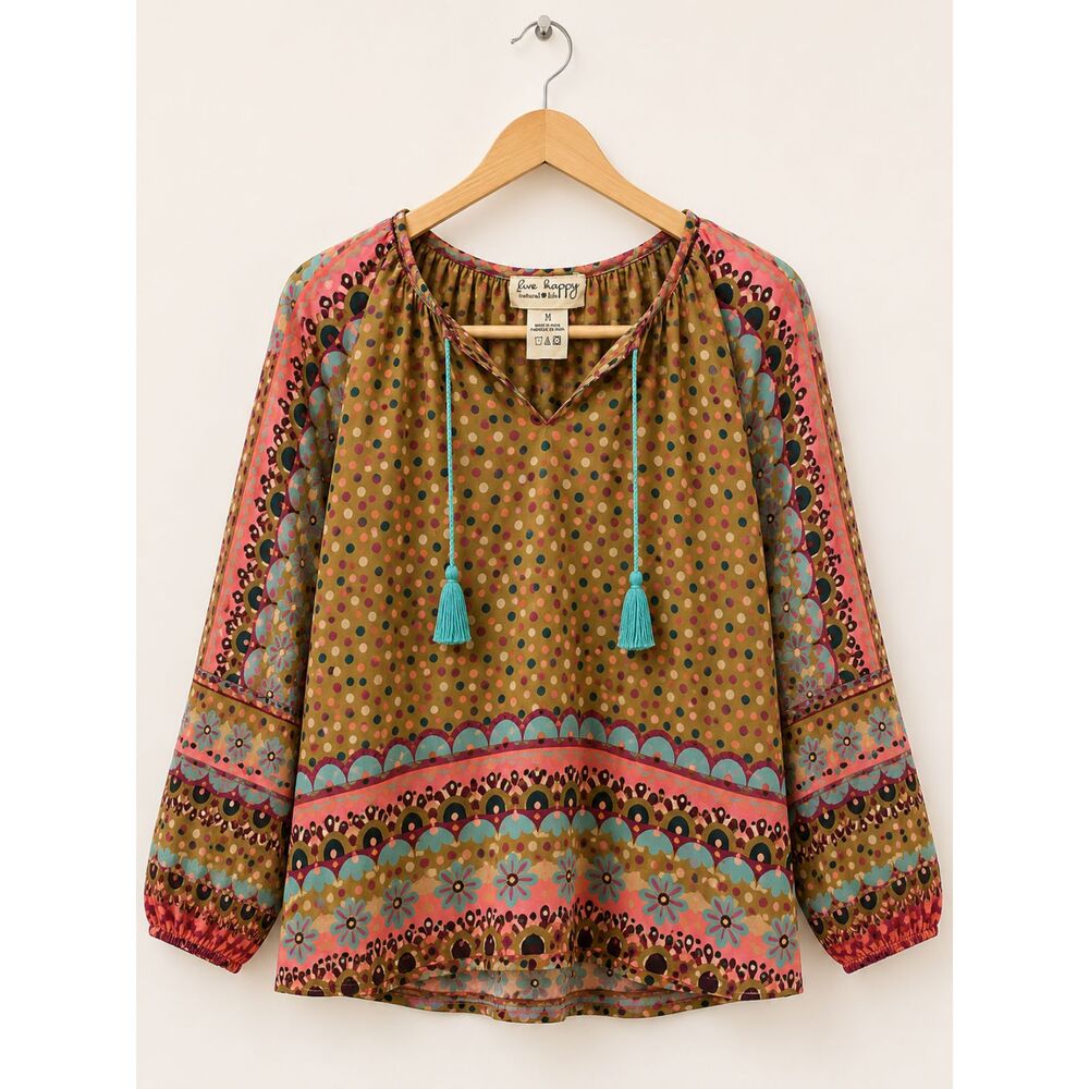 Natural Life Love Happy Women’s M Boho Floral Polka Dot Tassel Blouse Top EUC